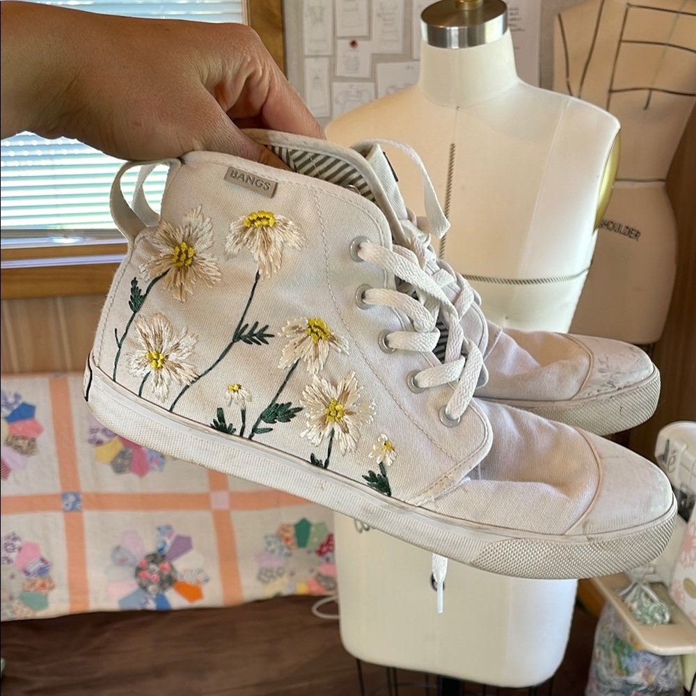 White Floral Embroidered High-Top BANGS Sneakers